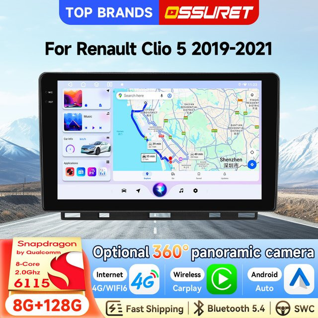 OSSURET Doppel-DIN Autoradio mit 9 Zoll Touchscreen für Renault Clio 5 2019-2021, kabelloses CarPlay und Android Auto, Bluetooth, Qualcomm Snapdragon, Schwarz - Bild 1