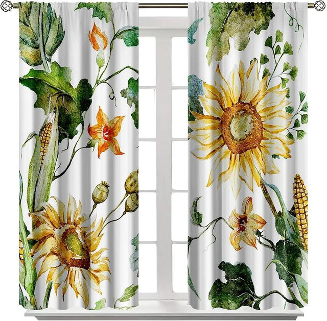 Yiran Furniture Verdunkelungsvorhang mit Sonnenblumenmuster, 2er-Set, Weiß und Gelb, B: 55 cm, H: 120 cm - Bild 1