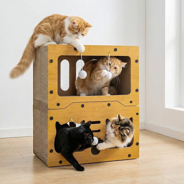 HGTUGO Katzenhaus aus Karton und Holz mit Kratzfläche als Katzen-Condo und Aktivitätszentrum in Gelb und Braun - Bild 1