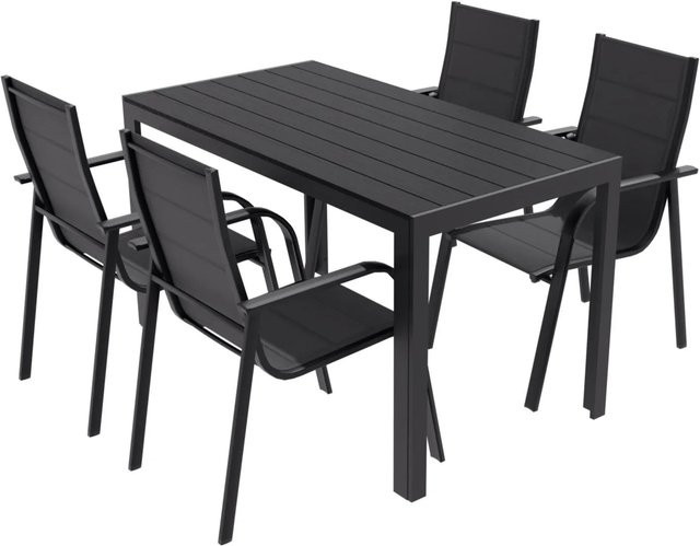Lex Gartenmöbel Set 5-teilig aus Aluminium mit Tisch und 4 Stapelsesseln in Anthrazit - Bild 1