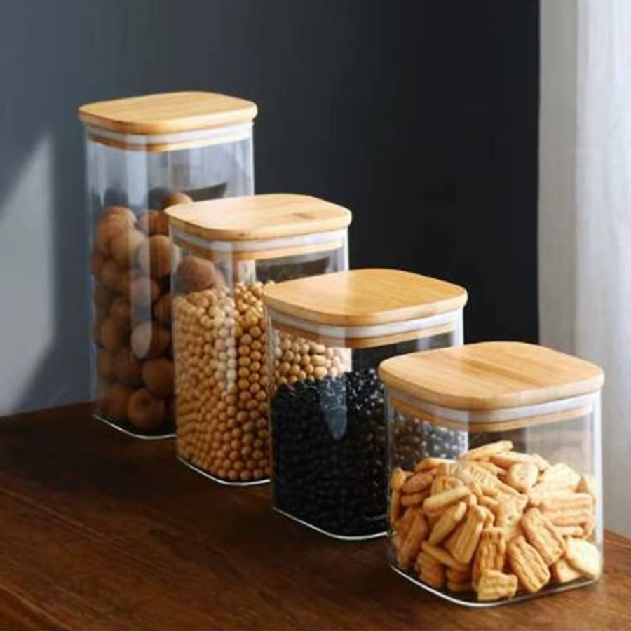 Transparente Gewürzdose aus Glas mit Bambusdeckel und luftdichtem Verschluss als Vorratsbehälter für Snacks und Süßigkeiten - Bild 2