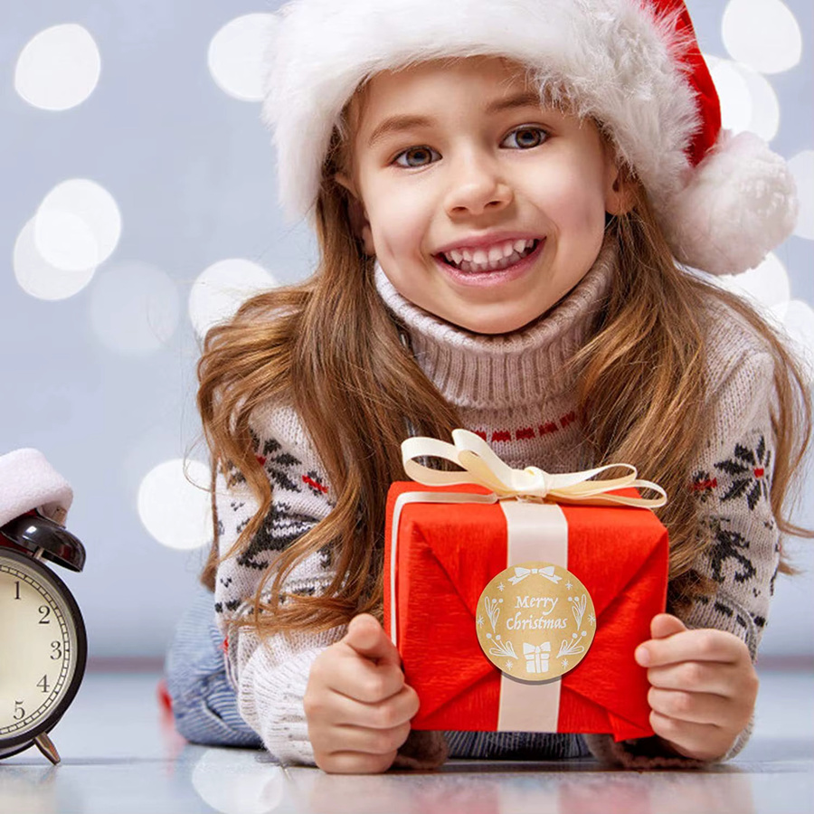 TYFYO Kraftpapier-Geschenkversiegelungsaufkleber mit Weihnachtsmotiv in Braun, Durchmesser: 2,5 cm, 500 Stück pro Rolle - Bild 2