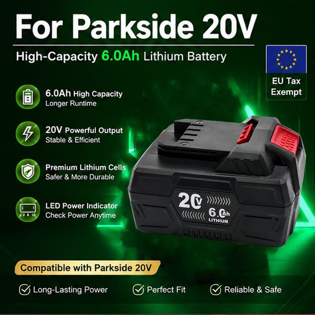 Parkside 20V 6Ah Lithium-Ionen-Ersatzakku in Schwarz für X20V Elektrowerkzeuge wie Bohrmaschinen, Rasenmäher und Kettensägen - Bild 1