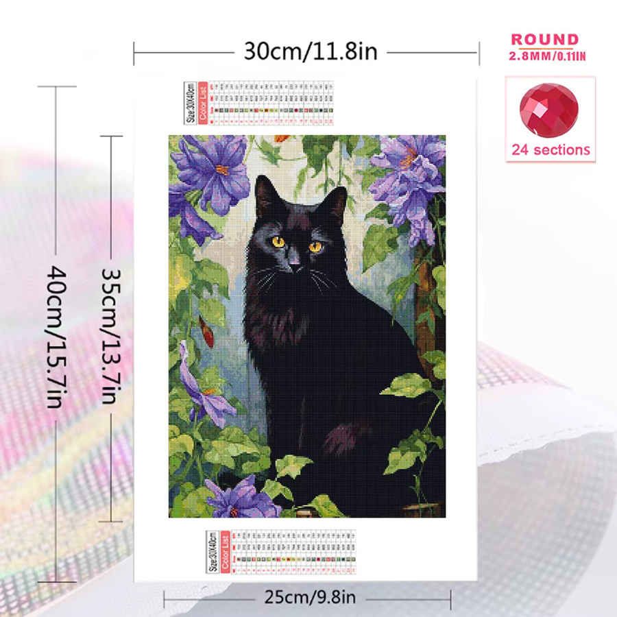 Momoart Diamantmalerei Schwarze Katze mit Blumen als DIY Acryl-Mosaik Set für die Wanddekoration in Schwarz - Bild 2