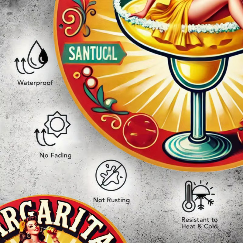 Retro Margarita Cocktail Metallschild von Potdemiel – Rundes Wandschild in Mehrfarben für Bar und Dekoration - Bild 3