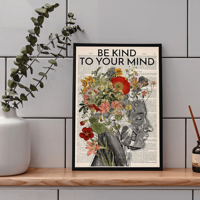 Be Kind To Your Mind Poster von SHENCHEN als Vintage Wandposter mit floralem Design und Typografie in Mehrfarbig - Bild 1
