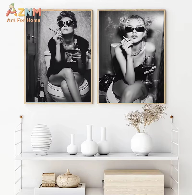 AZNM Wandkunstdruck auf Leinwand mit lustigem Tier-Motiv in Schwarz-Weiß, Retro Badezimmer-Dekor Poster ohne Rahmen - Bild 3