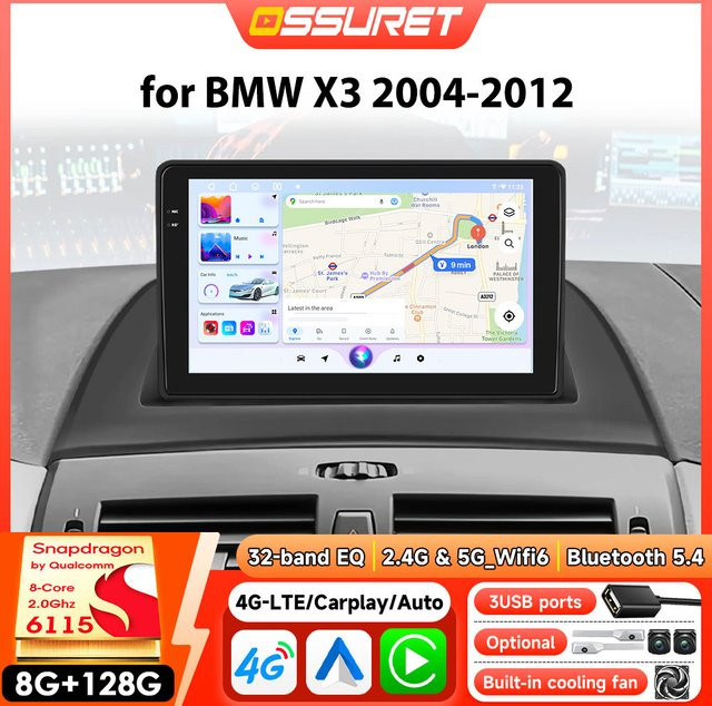OSSURET Android Autoradio für BMW X3 E83 2004–2012 mit Carplay, GPS-Navigation, 4G und WLAN, Snapdragon 6115, 8GB RAM, 128GB ROM, Schwarz - Bild 1