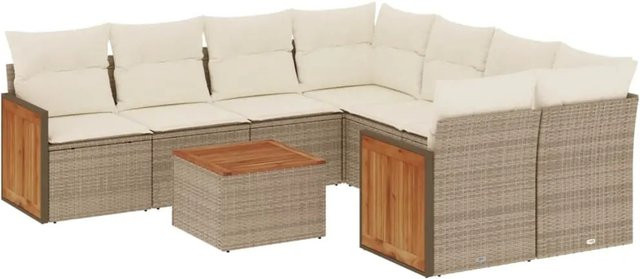 vidaXL 9-tlg. Garten-Sofagarnitur in L-Form aus Poly-Rattan mit Kissen und Couchtisch, Beige - Bild 1