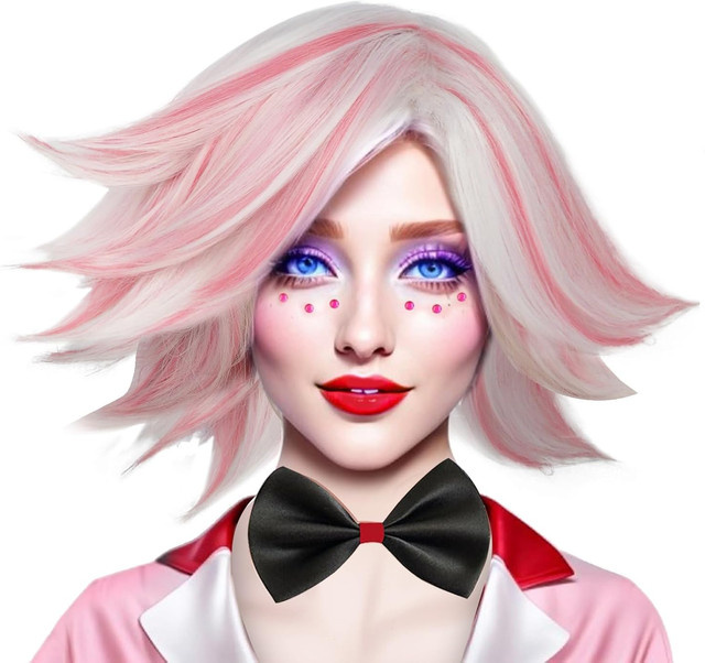 ANOGOL Cosplay-Perücke, rosa und silbrig weiß, kurz, gerade - Bild 1
