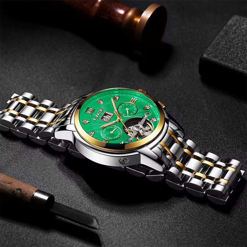 LIGE Armbanduhr Automatik, Edelstahl, Bicolor, Grün, Herren - Bild 2