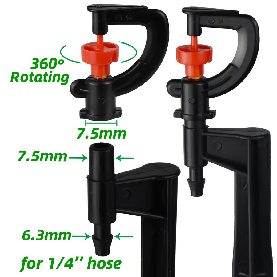 KESLA 5er Set Rotierende Mikrobewässerungs-Sprinkler in Schwarz mit 20 cm Pfahl und 1/4 Zoll Widerhakenanschluss für Gewächshaus und Rasen - Bild 2