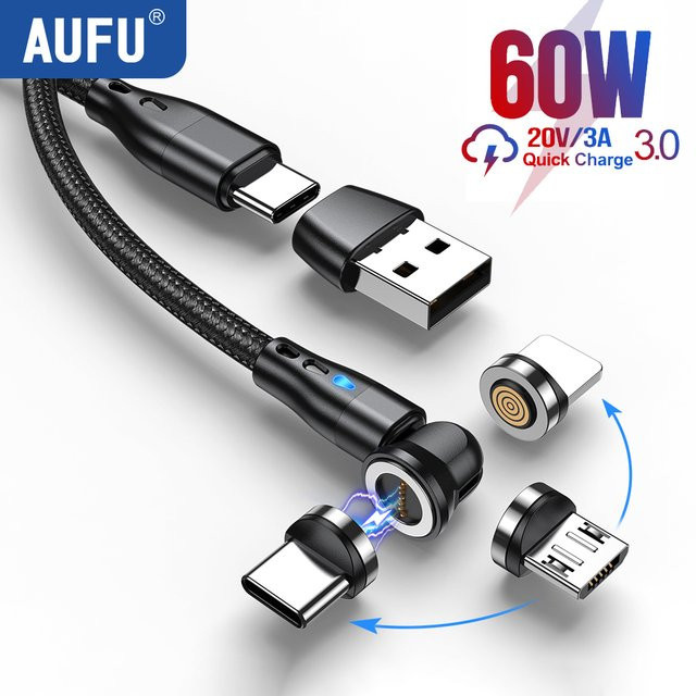 AUFU 540 Drehbares Magnetkabel 60 W Schnellladekabel mit USB-C und Micro-USB in Schwarz - Bild 1