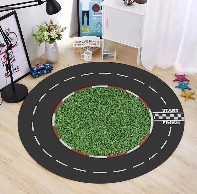Runder Rennstrecken-Teppich von Useful Home in Grau mit Rennauto-Motiv für das Kinderzimmer, Durchmesser: 120 cm - Bild 1