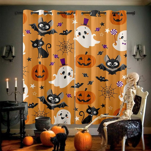 Yiran Furniture Halloween Vorhänge mit Kürbis und Fledermaus Motiv in Orange, 2er-Set, B: 50 cm, H: 140 cm - Bild 1