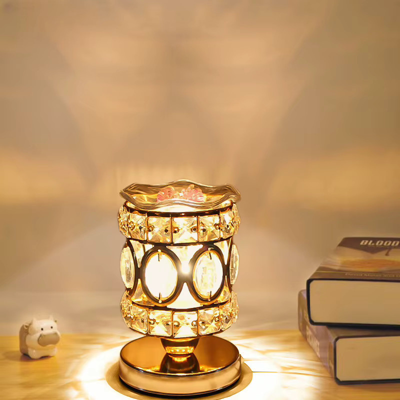 Claeted Moderne Kristall Aroma-Tischlampe mit Schmelzwachs-Funktion in Gold/Messing und transparentem Zylinder als Nachtlicht - Bild 1