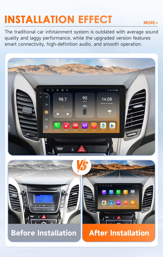 Hizpo Android 14 Autoradio mit 360 Kamera, Qualcomm Snapdragon 6115, CarPlay, GPS, DSP und Bluetooth 5.4 für Hyundai I30 und Elantra GT (2011-2017), Schwarz - Bild 2