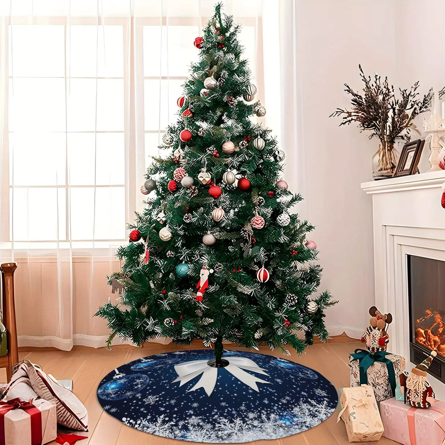 VIKAMA Weihnachtsbaumrock in Weiß mit blauer Schleife und Schneeflocken zur festlichen Partydekoration - Bild 5