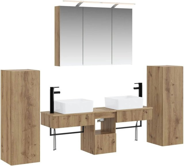 vidaXL Badezimmermöbel-Set 6-teilig in Artisan-Eiche mit Glas und LED-Beleuchtung, Braun, Matt - Bild 1