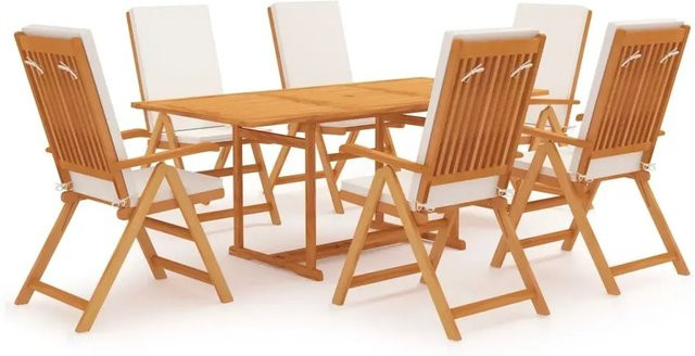 vidaXL 7-tlg Garten-Essgruppe Modell 4 aus Teak-Hartholz mit Kissen in Braun und Weiß - Bild 1