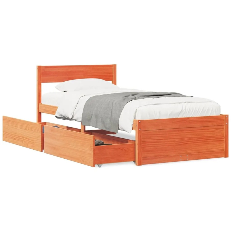 vidaXL Massivholzbett aus Kiefernholz mit Schubladen in Braun, Rustikaler Stil, B/T/H: 100 x 200 cm - Bild 2