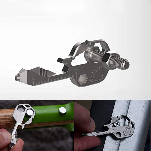 Multifunktionaler 24 in 1 Schlüsselanhänger aus Edelstahl in Silber als tragbares Schlüsselwerkzeug mit Flaschenöffner und Schraubenschlüssel - Bild 1