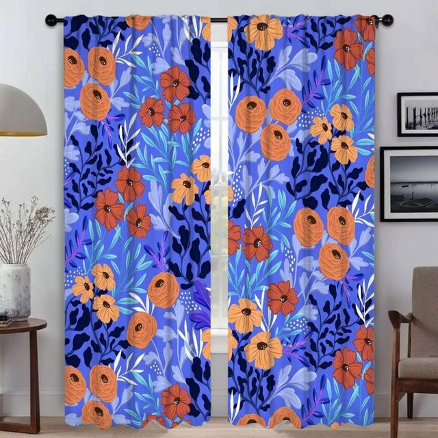 Halloween Dekoration Vintage Druck Elegante Tüll Vorhänge für Wohnzimmer und Schlafzimmer, Blau, B: 50 cm, H: 70 cm, 2 Stück - Bild 1