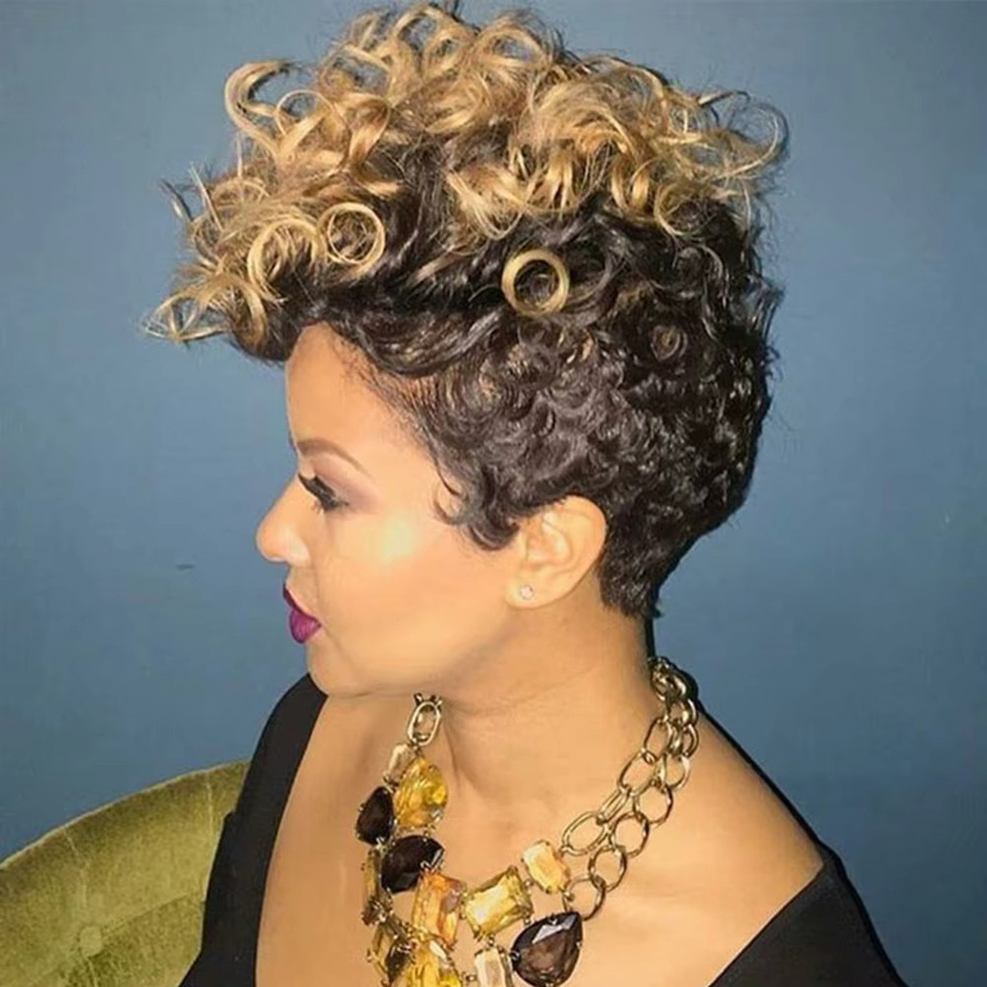 OYM HAIR Pixie Perücke, kurze lockige Echthaar-Perücke, Farbe 1B27, Damen - Bild 4