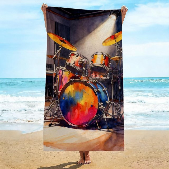 Buntes Schlagzeug Strandtuch von JINGYUE Pet mit Aquarell-Druck, weiches und schnelltrocknendes Badetuch in Multicolour, B/B: 80 x 160 cm - Bild 1