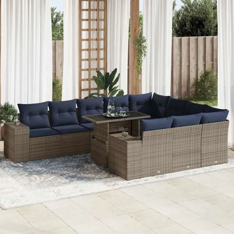 11-teilige Garten-Sofagarnitur aus Poly-Rattan und Akazie mit Kissen in Grau von vidaxl - Bild 1
