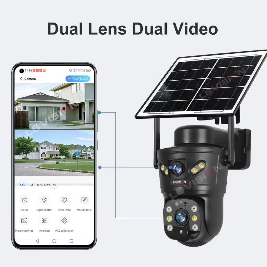 LS VISION 8MP 4G Solar Überwachungskamera mit Dual Lens, WiFi PTZ Panorama-Kamera mit Auto Tracking und Batterie, Schwarz - Bild 2