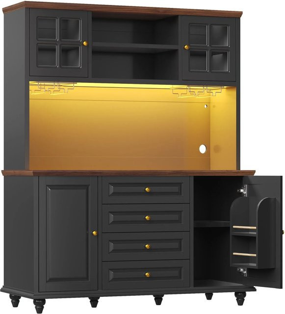 Merax Highboard Küchenschrank mit RGB-LED, Weinglashalter und verstellbaren Böden, Schwarz, B/T/H: 69,0 x 40,0 x 40,0 x 179,5 cm - Bild 1