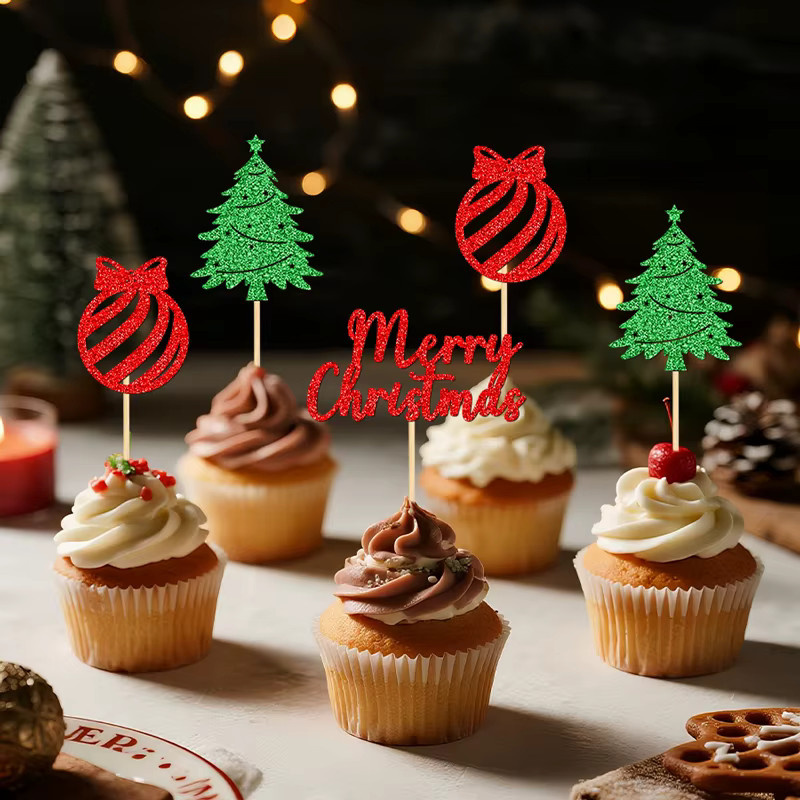 YOMDID 24 Stück Weihnachtskuchen-Dekorationen, glitzernde Cupcake-Topper für Weihnachten in Grün, Rot und Multicolour - Bild 3