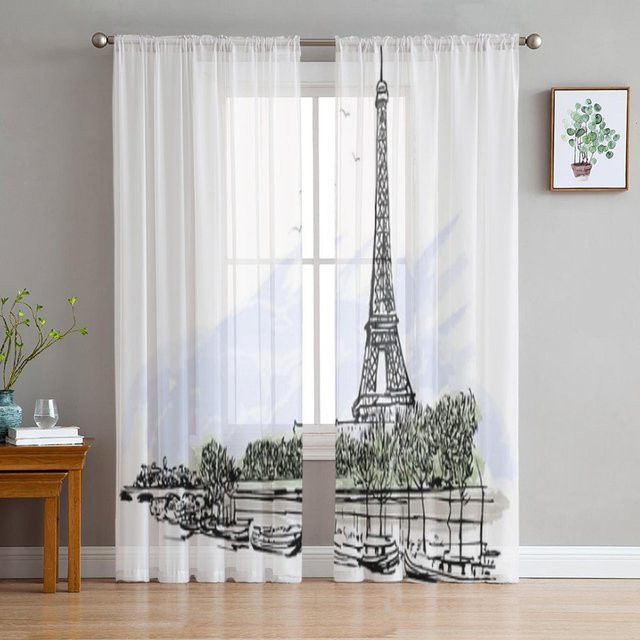 Binchi Outdoor Equipment Transparenter Tüll-Vorhang mit Eiffelturm-Motiv in Weiß, Breite: 135 cm, Höhe: 114 cm - Bild 1