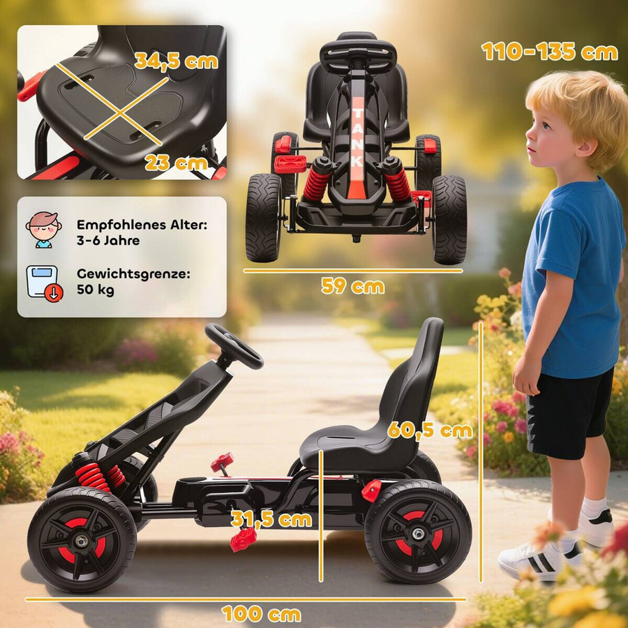 AIYAPLAY Gokart Tretauto mit Handbremse und EVA-Räder, Rot, ab 3 Jahren - Bild 3