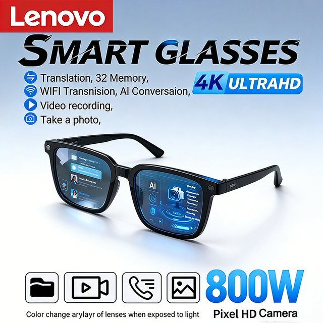 Lenovo KI-Smart-Brille mit 4K-Aufnahme, 8MP HD-Kamera, KI-Übersetzung und Bluetooth-Anruffunktion in Schwarz oder Weiß - Bild 1