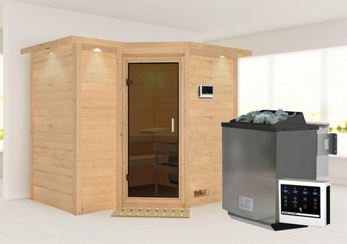 Karibu Sauna Riga 2 Bio-Kombi-Sauna aus Fichtenholz in Beige für 4 Personen inklusive 9 kW Saunaofen mit externer Steuerung B: 264,0 cm, T: 198,0 cm, H: 212,0 cm - Bild 1