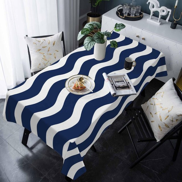 Rechteckige Tischdecke von JINGYUE Pet in Blau mit Streifen und Wasserwellen-Design, B/L: 180 x 140 cm - Bild 1