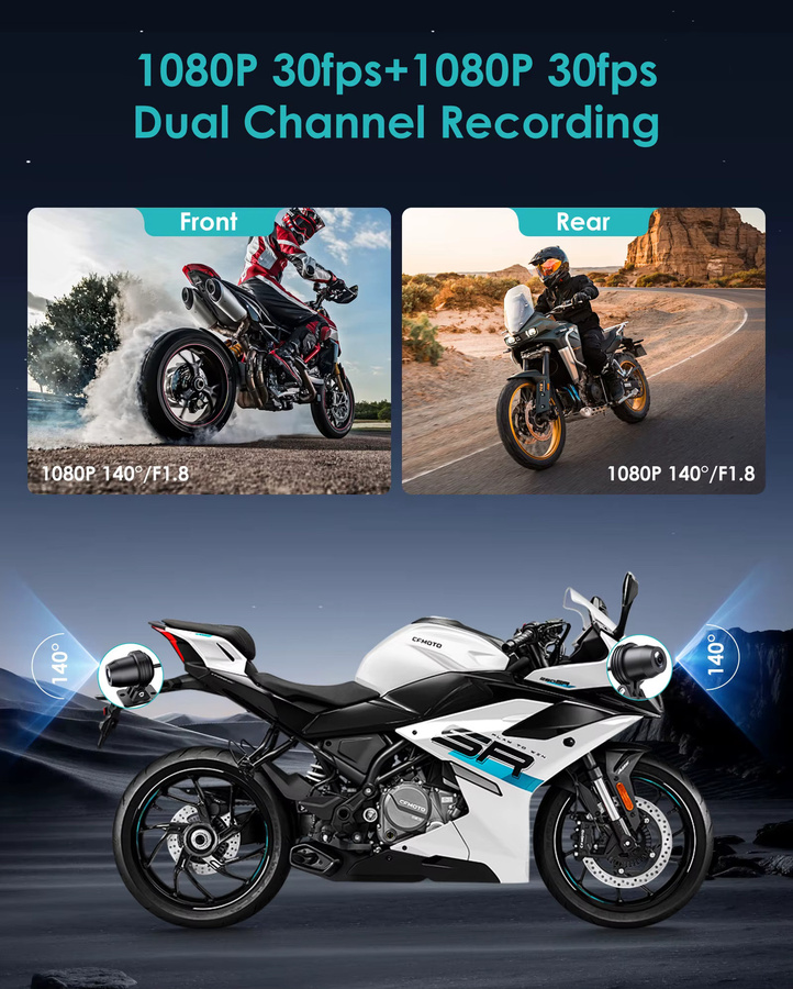Icreative Motorrad Dashcam mit Dual-1080P-DVR und WLAN, wasserdichte Smart-Connect-Actionkamera in Schwarz - Bild 3