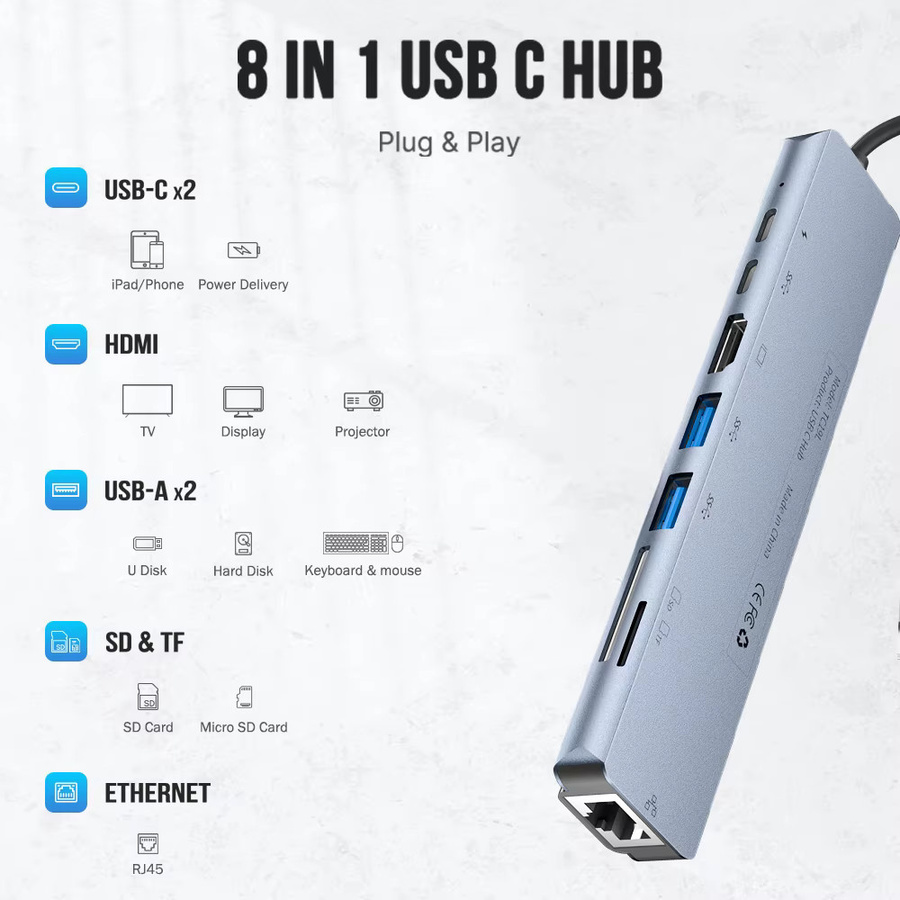 Lemorele 8-in-1 USB-C-Dockingstation in Grau mit 4K 60 Hz HDMI, RJ45 Ethernet, SD und TF-Kartenleser für Laptop, Tablet und Projektor - Bild 1