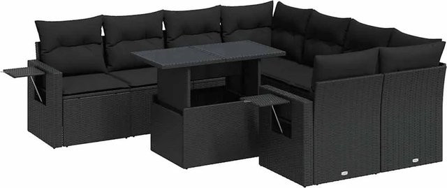 vidaXL 9-tlg. Garten-Sofagarnitur in U-Form aus schwarzem Poly-Rattan mit wetterfesten Kissen und pulverbeschichtetem Stahlgestell - Bild 1