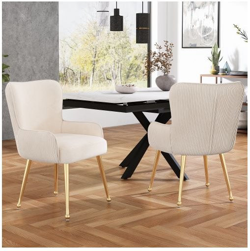 2er-Set Esszimmerstühle MUVOE aus beige Samt mit Armlehnen und goldfarbenen Metallbeinen - Bild 1