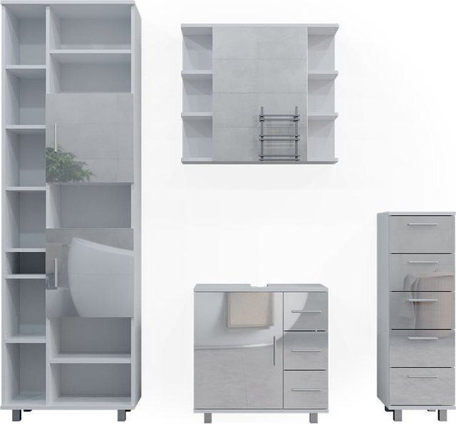 Vicco Badmöbelset Ilias in Weiß Hochglanz, modernes 4-teiliges Badezimmer-Set - Bild 1