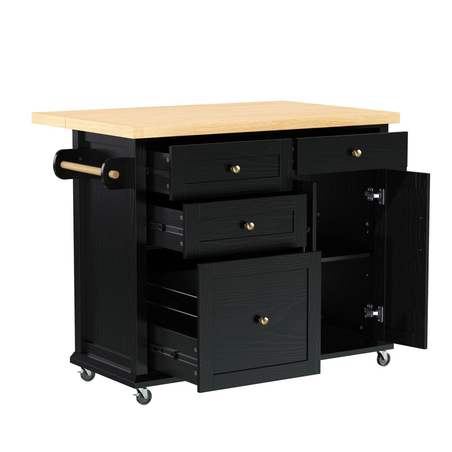 okwish Kücheninsel mit Rollen und Ausziehtisch in Schwarz, Multifunktions-Küchenwagen mit Schubladen, B: 107 cm, T: 45-70 cm, H: 90 cm - Bild 2