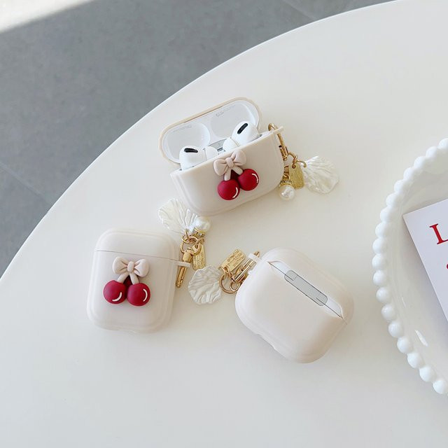 Retro Kirsch Schutzhülle für Apple AirPods 1, 2, 3 Generation und AirPods Pro in Beige mit Schlüsselanhänger und Lanyard - Bild 1