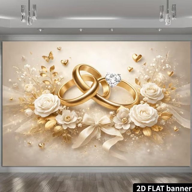Elegantes Hochzeitsbanner mit Goldringen, Rosen und Herzen für deine Brautparty, B/H: 120 x 80 cm - Bild 1