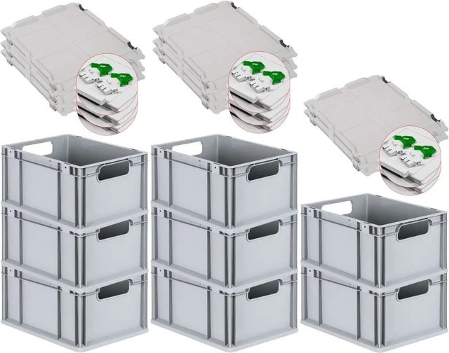 PROREGAL Spar Set 8x Eurobox Nextgen Economy mit Scharnierdeckel und grünen Schiebeschnappverschlüssen, Grau, H x B x T: 22 x 30 x 40 cm, 20 Liter - Bild 1