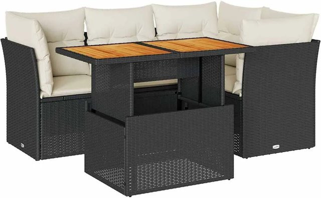 vidaXL 5-teilige Garten-Sofagarnitur aus Poly-Rattan und Akazienholz in Schwarz-Creme mit Kissen - Bild 1