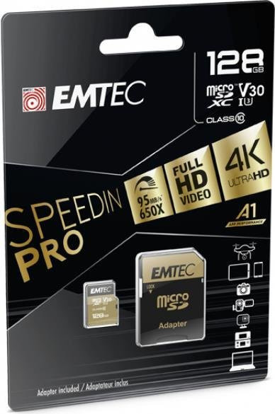 EMTEC Speedin PRO microSDXC UHS-I Speicherkarte mit Adapter, 128 GB, Farbe Schwarz, Video Class V30, U3, Class10 - Bild 1