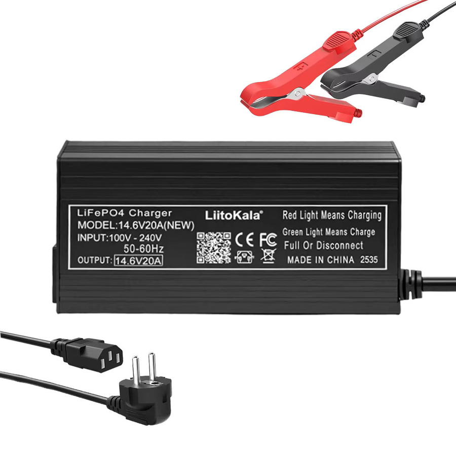 Liitokala LiFePO4-Batterieladegerät 14,6V 20A mit 4S 12V Klemmadapter und Barrel-Plug, Schwarz - Bild 3